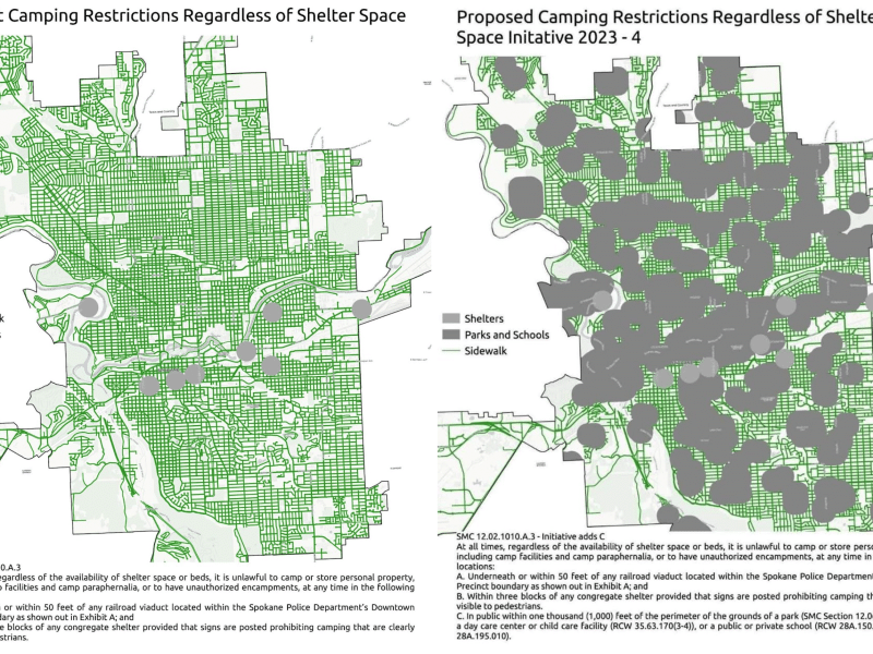 Side by side maps of Spokane comparing where camping is currently banned and where it. would be banned if this anti-camping measure is passed by voters