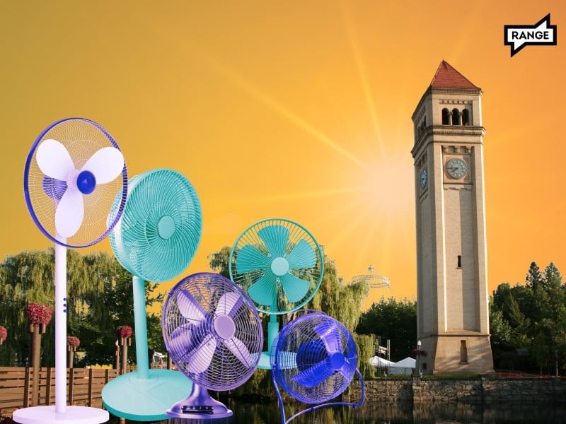 Heat wave: five fans of various types are shown in front of a photo of the Riverfront Park clock tower with an orange sky in the background to illustrate a heat wave.