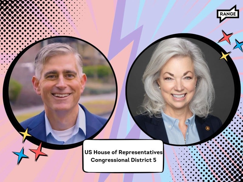 Graphic depicting candidates for US House of Representatives, Congressional District 5. Left: Smiling man with gray hair in blue jacket - Michael Baumgartner. Right: Grinning woman with silver hair in dark blazer - Carmela Conroy. Colorful comic retro-style background with lightning bolt divider. RANGE media logo in corner. Image suggests electoral face-off between two congressional hopefuls.