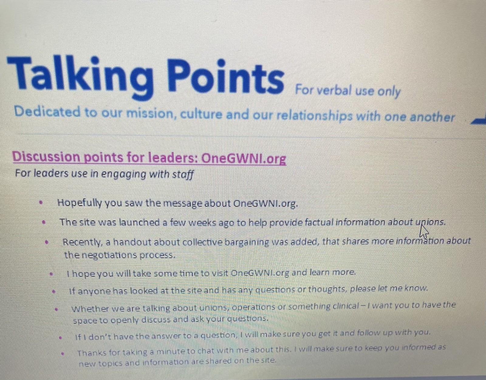 Talking points for how managers should discuss unions with their staff.